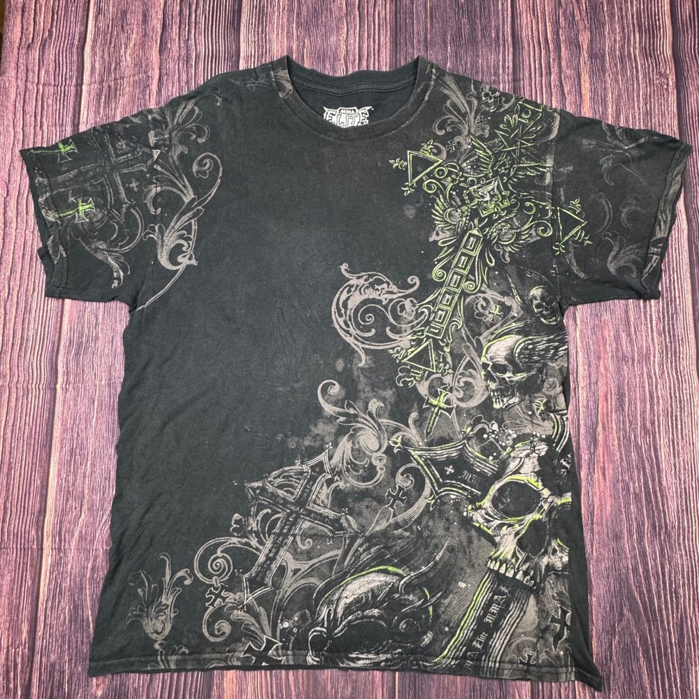 MMA Elite Graphic Shirt Large Cotton Y2K Gothic Skull Cross Affliction Style Tee